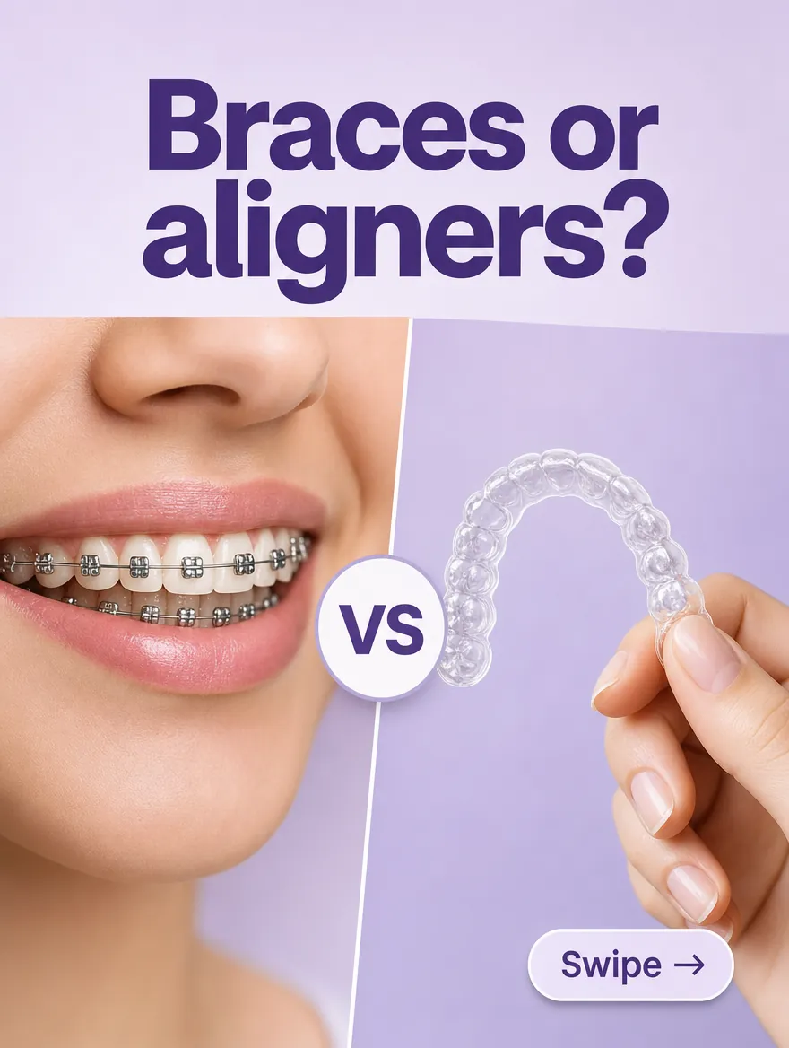 Example carousel, first slide: "Braces or aligners?", a smile with braces beside a clear aligner.