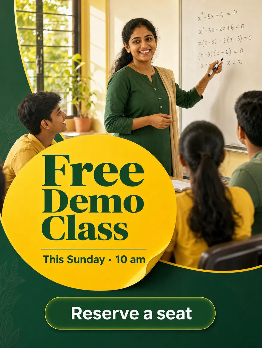 Example poster: "Free Demo Class, this Sunday 10 am", a teacher at a whiteboard with students and a Reserve a seat button.