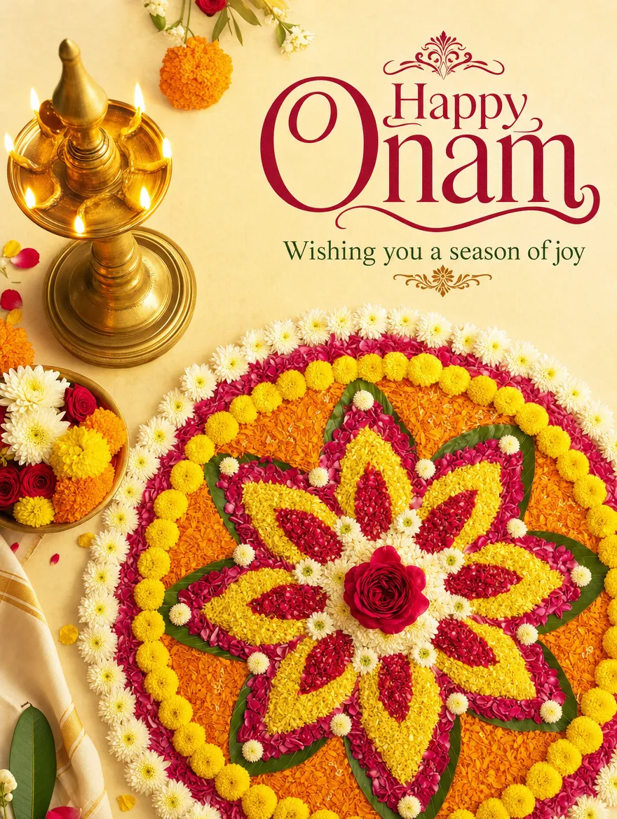 Example festival post: "Happy Onam, wishing you a season of joy", a pookalam flower carpet and a glowing brass lamp.