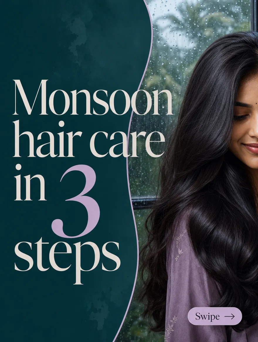 Example carousel, first slide: "Monsoon hair care in 3 steps", with long, shiny hair by a rainy window.