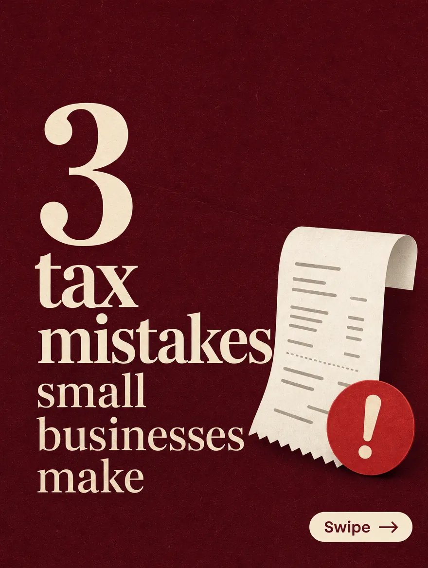 Example carousel, first slide: "3 tax mistakes small businesses make", with a receipt and a warning mark.